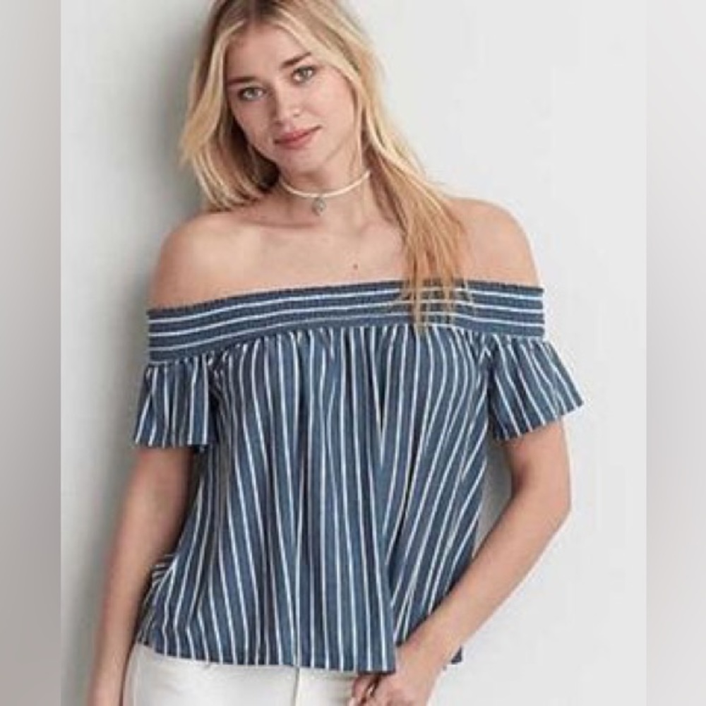 American Eagle Women’s XS “off the shoulder white and blue striped” top